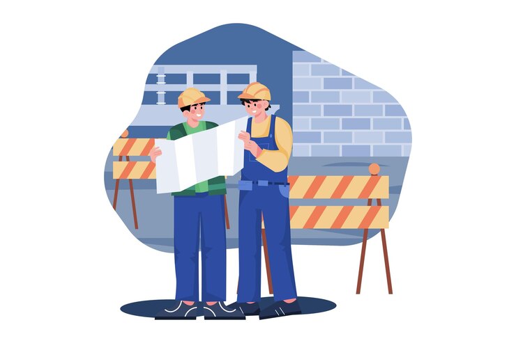 Vector construction site engineer doing routine standup