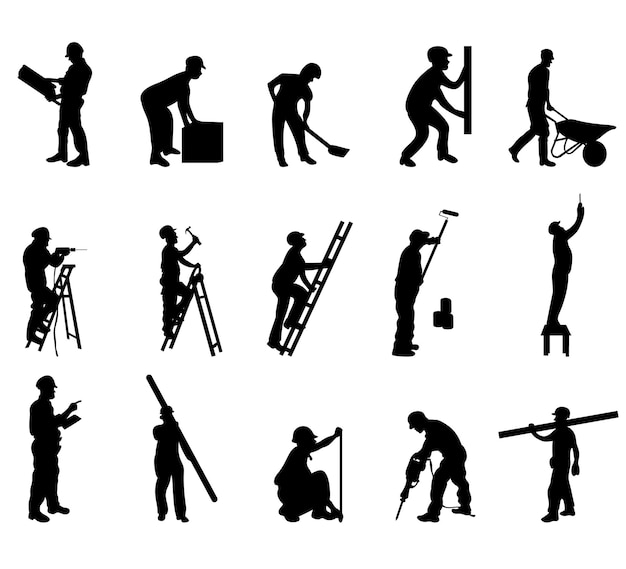 construction worker at work in different poses with tools silhouettes