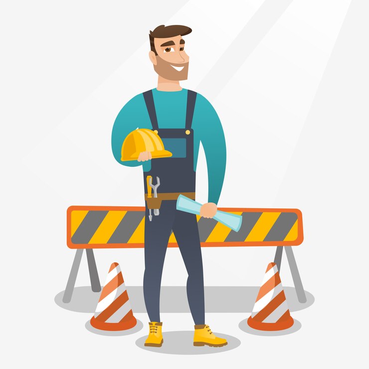 Vector constructor with hard hat and blueprint.