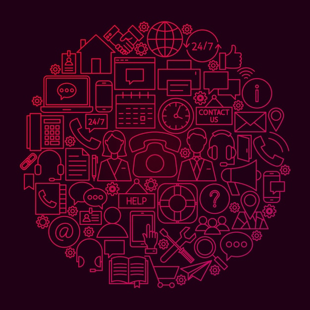 Contact Us Line Circle Concept. Vector Illustration of Business Outline Objects.