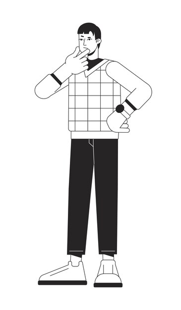 Contemplate pensive young man flat line black white vector character