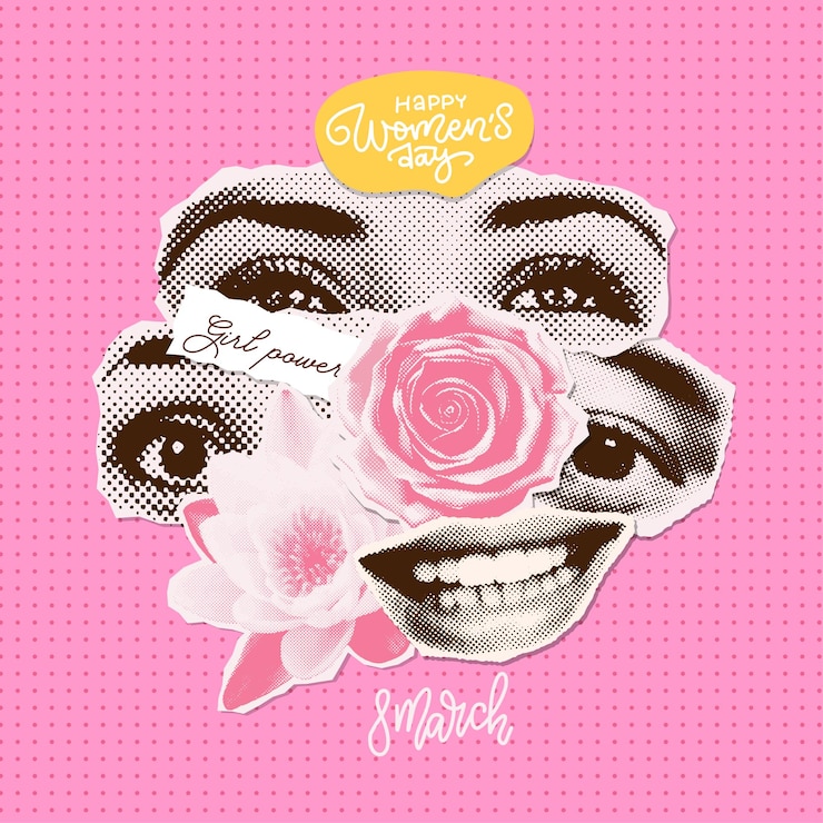 Vector contemporary mixed media artwork halftone collage made from women s faces parts eyes lips concept of