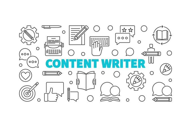 Content writer vector line horizontal illustration or banner