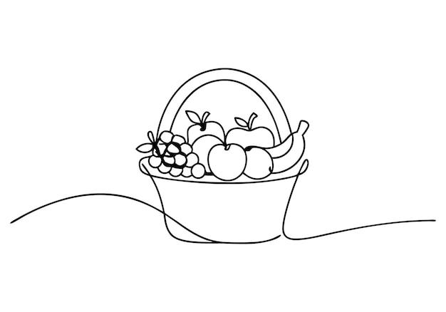 Continuous Line Art of Fruit Basket Minimalist Fresh Produce Illustration