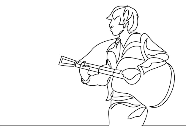 continuous line drawing of a man playing guitar musician vector illustration