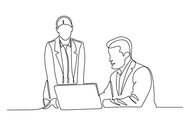 Continuous line drawing of business people working together in the office Vector illustration