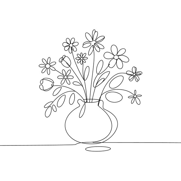 Continuous Line Drawing of Flowers in Vase