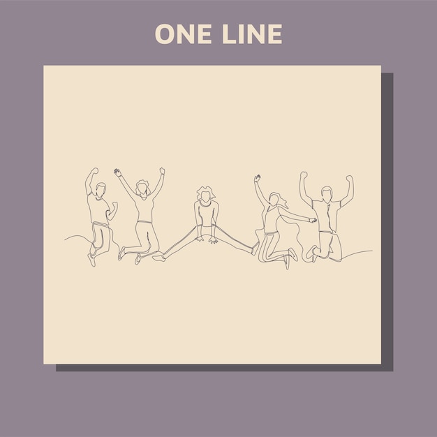 continuous line drawing of jumping happy team members
