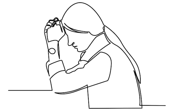 Continuous line drawings of a young woman's sad emotional shock loss grief life problems