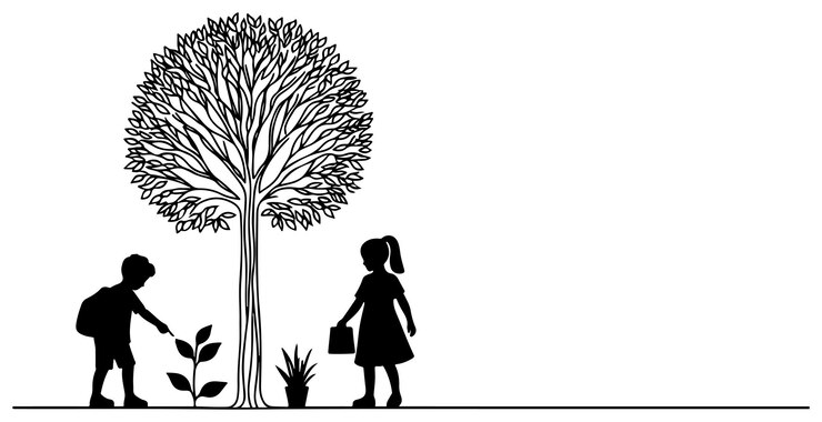 Vector continuous one black line art drawing silhouette of children planting tree shovel digs roots plant