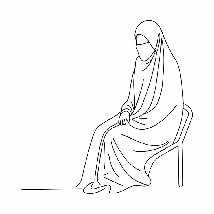 Vector continuous one line draw of young attractive middle east muslimah wearing burqa niqab cloth sitting on chair 4