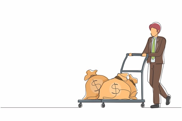 Vector continuous one line drawing businessman push cart with money bags man employee with salary
