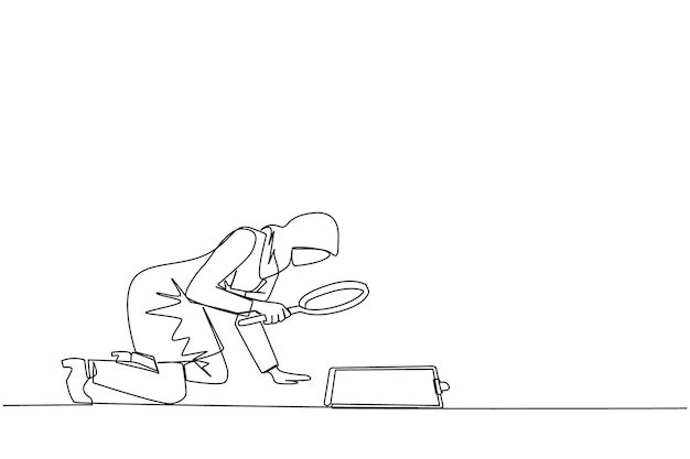 Continuous one line drawing of Arabian businesswoman holding magnifying glass looks at clipboard