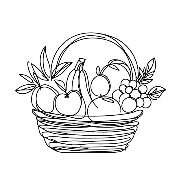 Continuous one line drawing of fresh fruits in a basket Fruits in a basket single line vector illustration