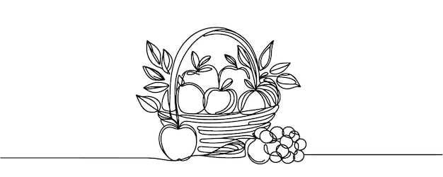 Continuous one line drawing of fresh fruits in a basket Fruits in a basket single line vector illustration