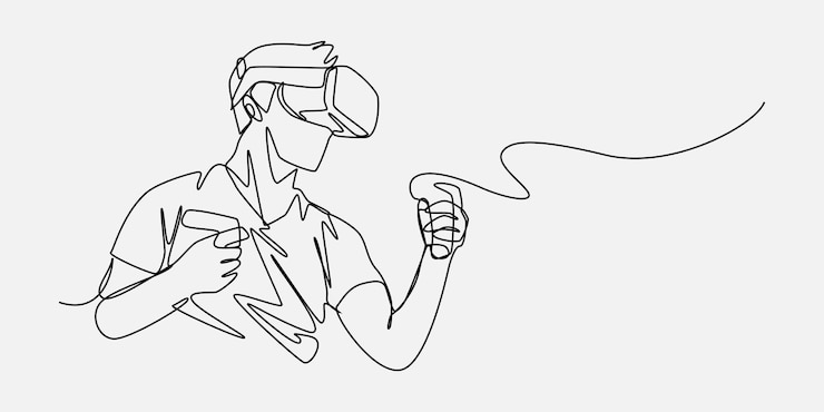 Vector continuous one line drawing of guy using virtual reality headset and playing game editable line