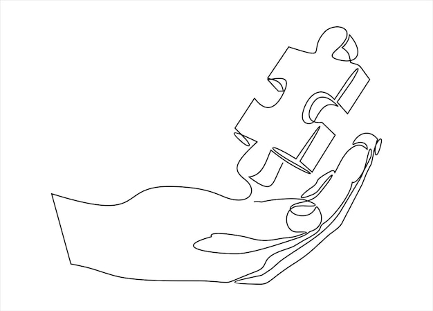Continuous one line drawing of hand and puzzle Business matching connecting puzzle elements