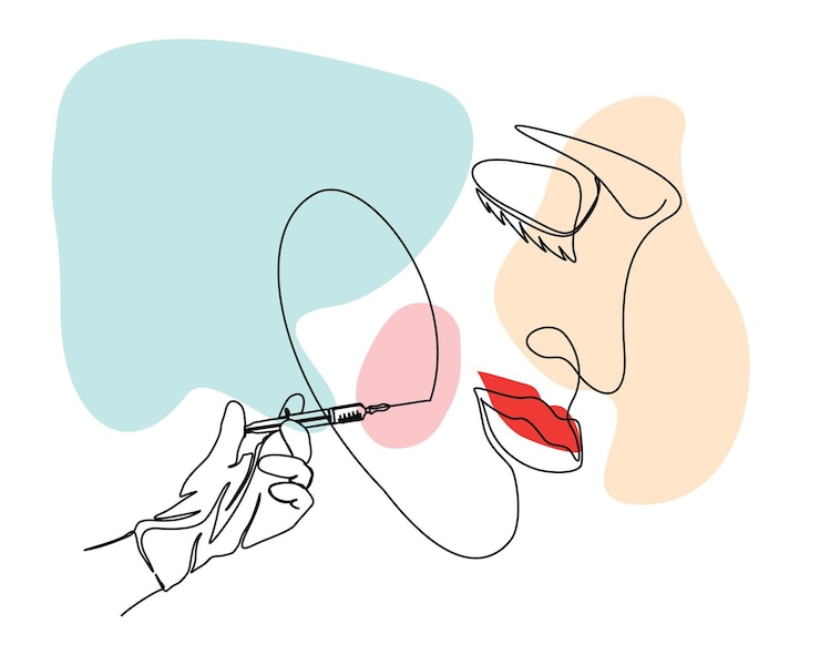 Vector continuous one line drawing of hand holding syringe lips injection