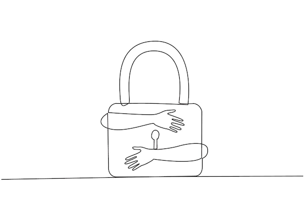 Continuous one line drawing of hands hugging padlock Entrepreneurs who keep web security safe