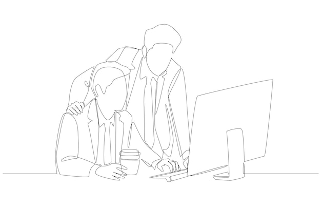 Continuous one line drawing of two businessmen looking at computer screen to check work