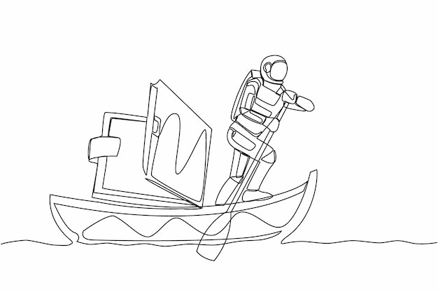 continuous one line drawing of young astronaut sailing away on boat with wallet problem in space