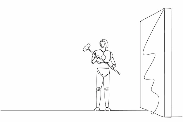 continuous one line drawing robot standing and holding big hammer while facing wall humanoid robot