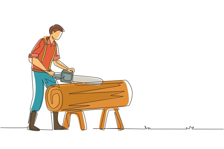 Vector continuous one line drawing sawmill concept professional lumberjack cutting tree by chainsaw vector