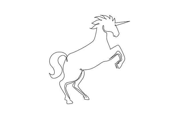 continuous one line drawing unicorn lift two front legs black jumping fictional fairy animal magical unicorn running on wind childhood fantasy single line draw design vector graphic illustration
