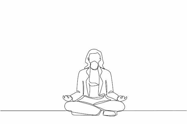 Continuous one line drawing young businesswoman doing yoga Sitting in a yoga pose meditation