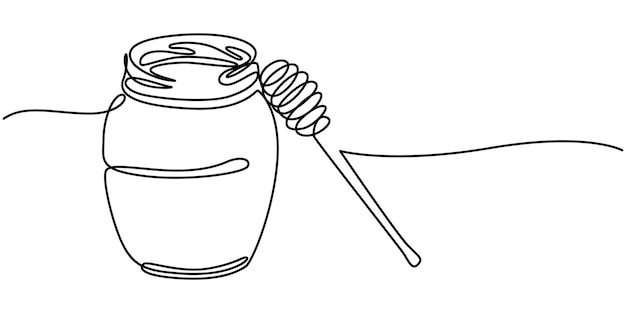 Continuous single line of glass pot full of honey and honey dipper in silhouette Isolated on white