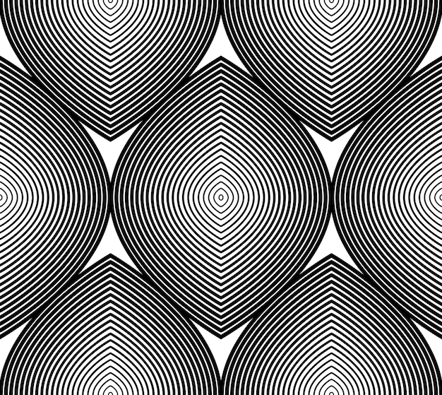 Continuous vector pattern with black graphic lines, decorative abstract background with geometric figures. Monochrome ornamental seamless backdrop, can be used for design and textile.