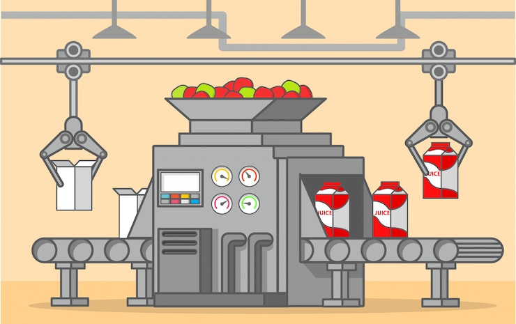 Vector conveyer belt factory of a box fruit drink.production and bottling of apple juice.