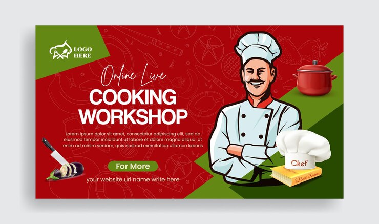 Vector cooking class chef training center banner and restaurant food website banner template
