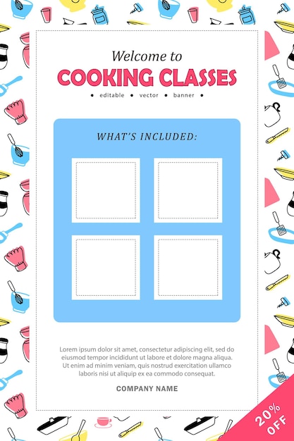 Cooking classes banner template layout. Poster with doodle kitchenware frame for culinary courses