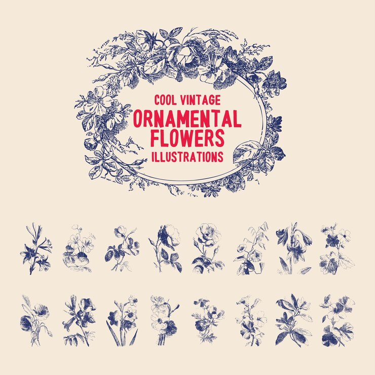 Vector cool vintage ornamental flowers illustrations