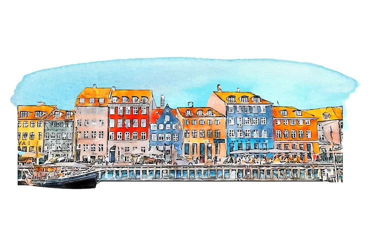 Vector copenhagen denmark watercolor hand drawn illustration isolated on white background