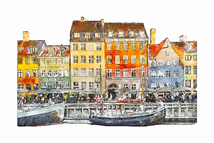 Vector copenhagen denmark watercolor hand drawn illustration isolated on white background