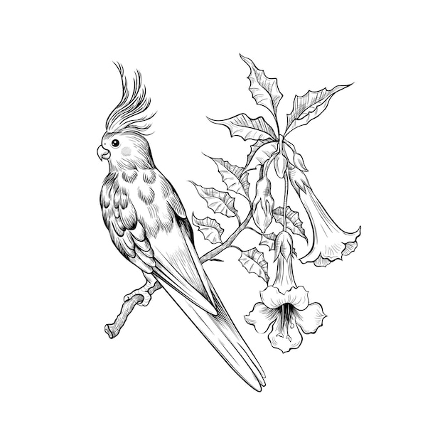 Corella parrot sitting on a blooming Campsis branch .Vector illustration in engraving style .