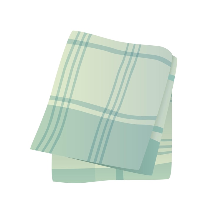 Vector cotton towel folded kitchen napkin in square checkered green tablecloth