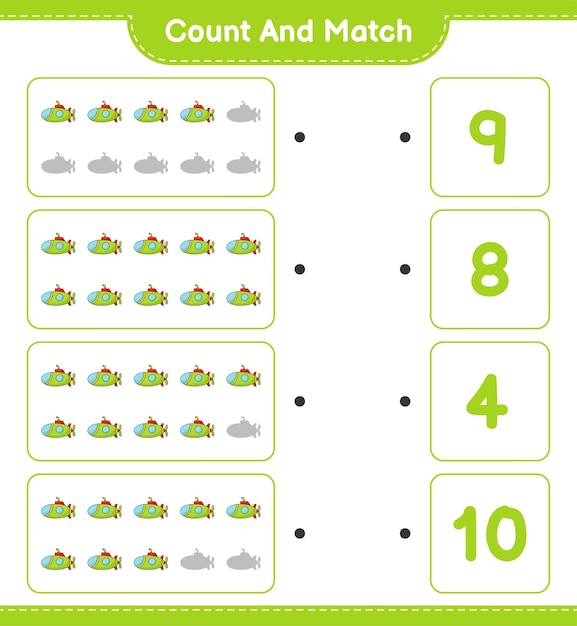 Count and match, count the number of Submarine and match with the right numbers.