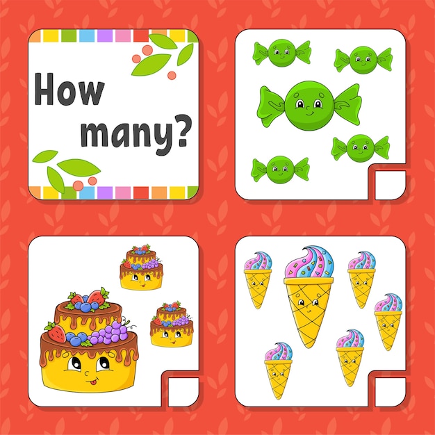 Counting game for children. Happy characters. Learning mathematics. How many object in the picture.