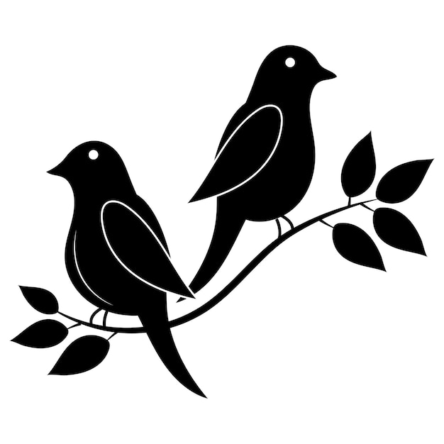 couple birds on tree vector art silhouette black white vector illustration