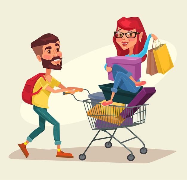 Couple man woman characters making shopping together