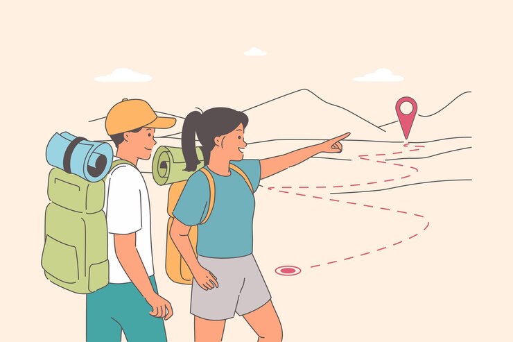 Vector couple of tourists went hiking and look at hills choosing best path or route to reach their goal