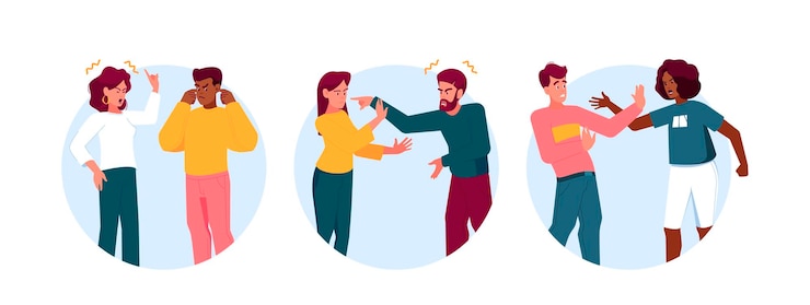 Vector couple quarrel isolated round icons or avatars partners shout on each other anxious male and female tense