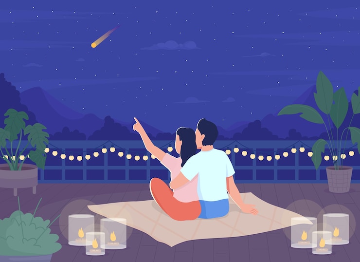 Vector couple stargazing on rooftop in evening flat color vector illustration