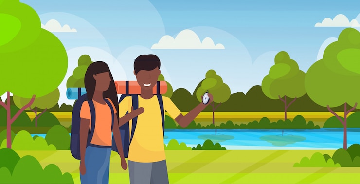 Vector couple tourists hikers using compass searching direction hiking concept man woman african american travelers on hike river landscape background portrait horizontal flat