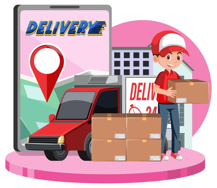 Vector courier delivering packages with location pin on smartphone