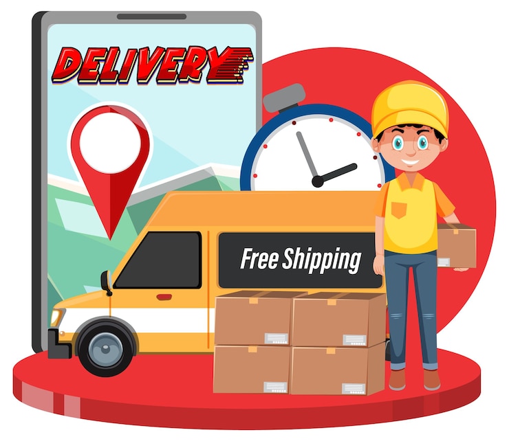 Vector courier delivering packages with location pin on smartphone