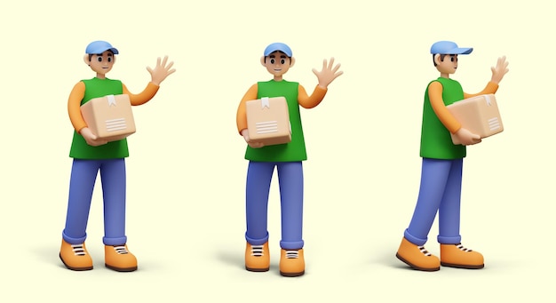 Courier with box in cartoon style Set of vector men view from different sides